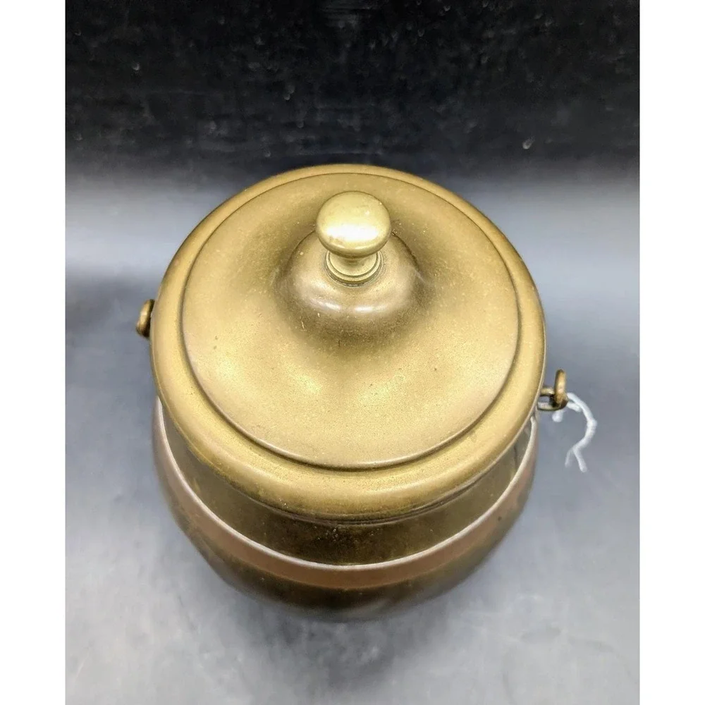 Vintage Brass and Copper Barrel Canister with Bail Handle and Lid Mixed Metal 8